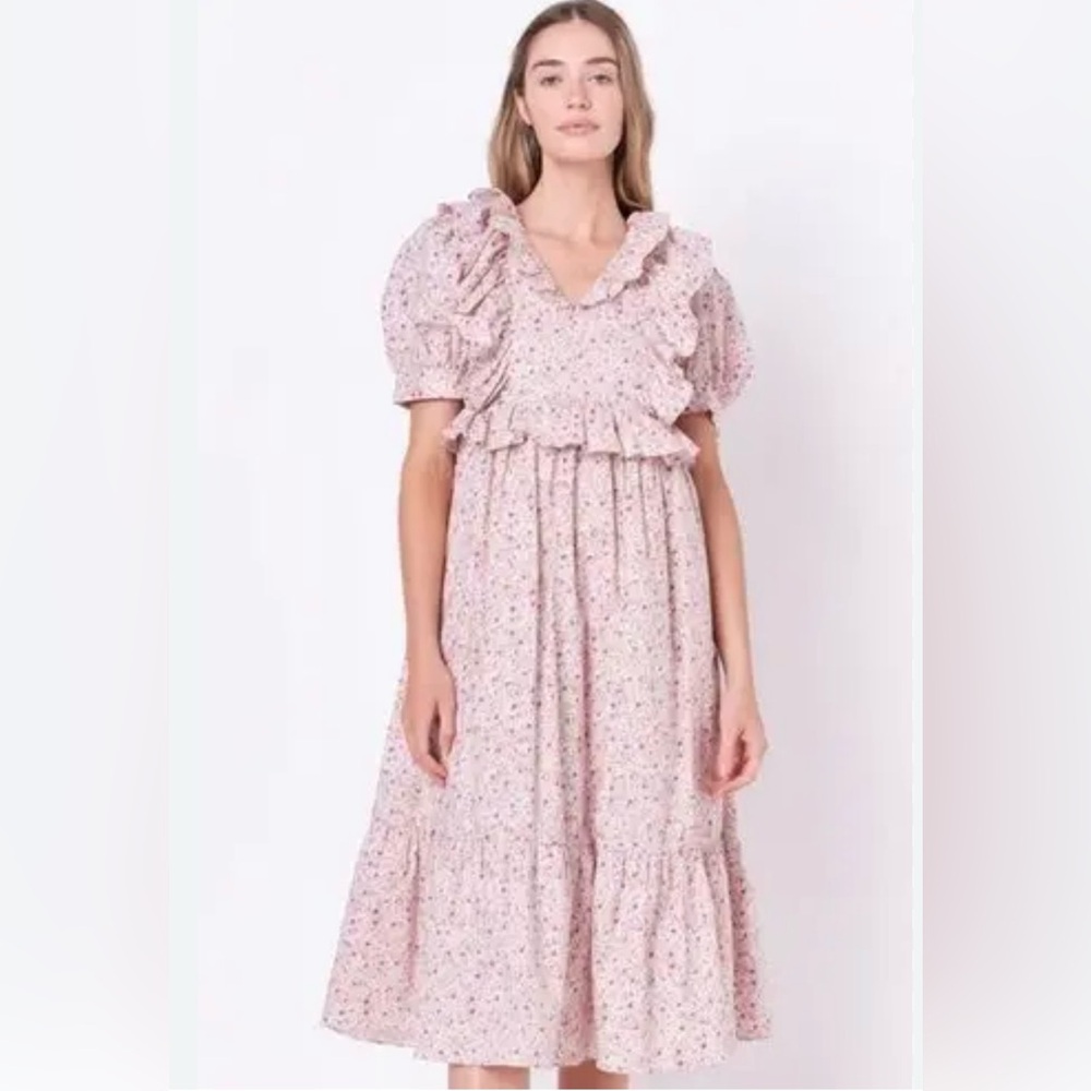 English Factory Pink Puff Sleeve Midi Dress